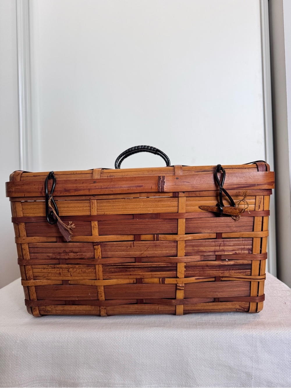 Vintage Woven bamboo or rattan picnic basket, Japanese origin